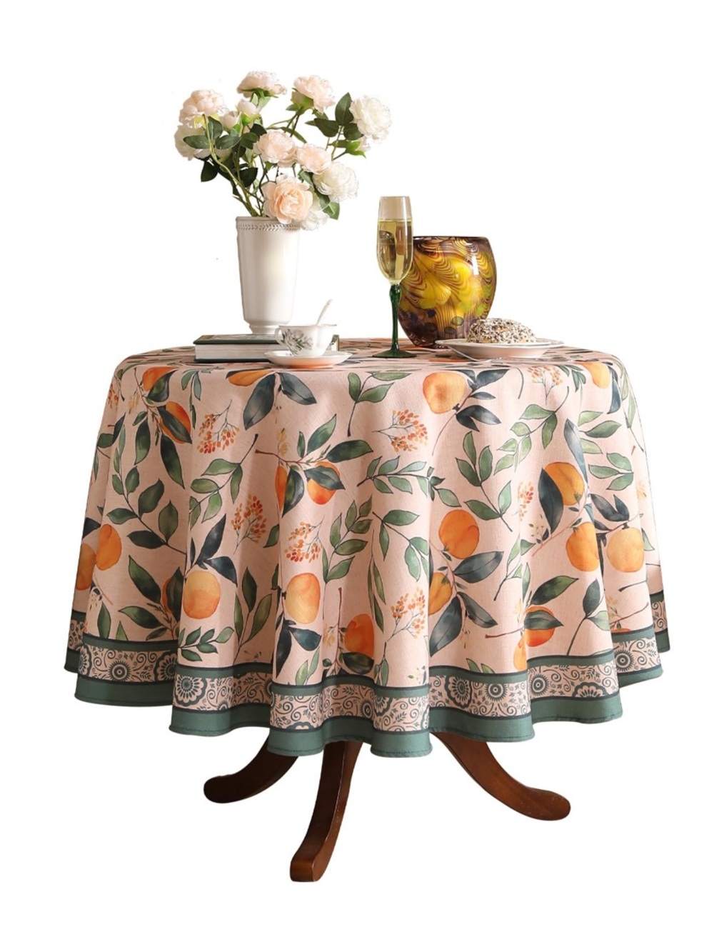 Orange Floral Tablecloth French Linen - 55” Round